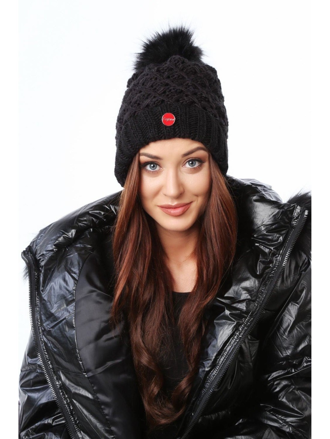 Warm winter hat with a pompom, black C37 - Online store - Boutique